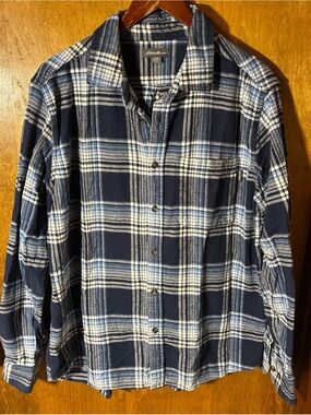 Eddie Bauer Flannel Shirt Men L Blue  Plaid 100% Cotton Outdoor Fall Gorpcore